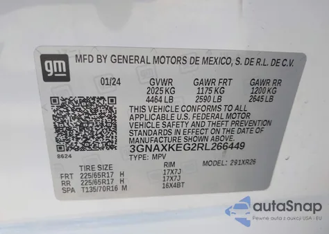 2024 Chevrolet Equinox Fwd Lt z USA, uszkodzony, nr VIN 3GNAXKEG2RL266449